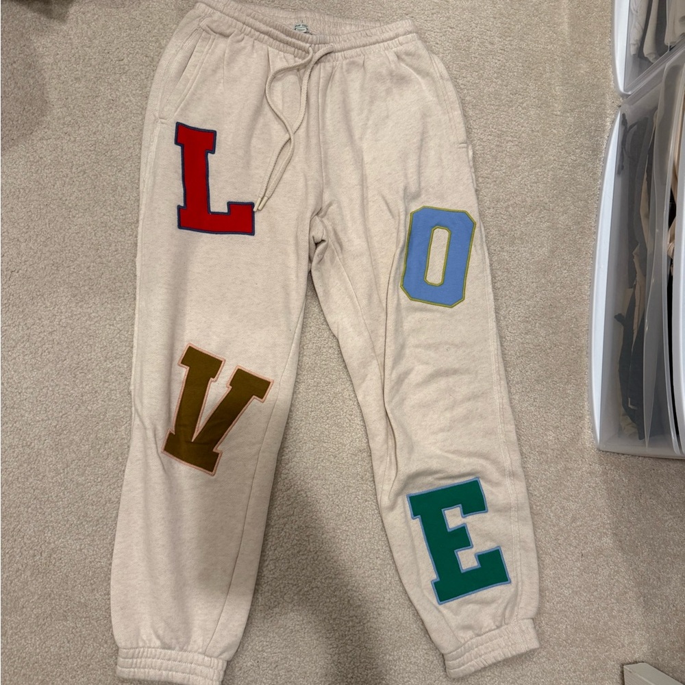 Beige Sweatpants with Colorful Letter Patches LOVE
